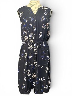 41 Hawthorn Navy Floral Sleeveless Split Neck Tie Waist Shift Dress Medium